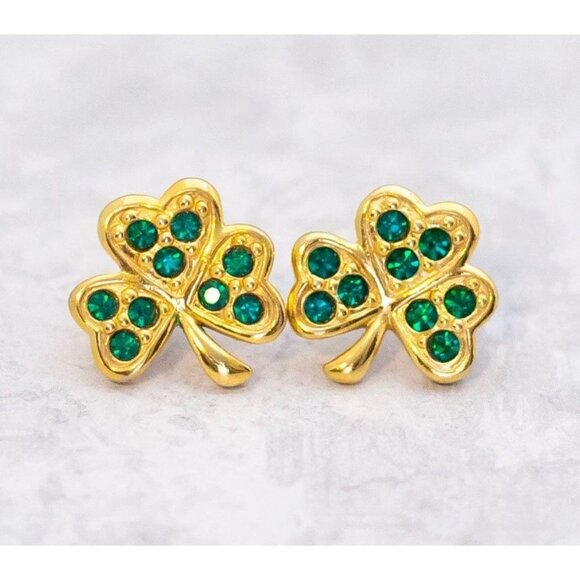 Vintage Clover Leaf Green Rhinestones Lucky Elven Stud Earrings by Avon - C8 - Picture 1 of 2